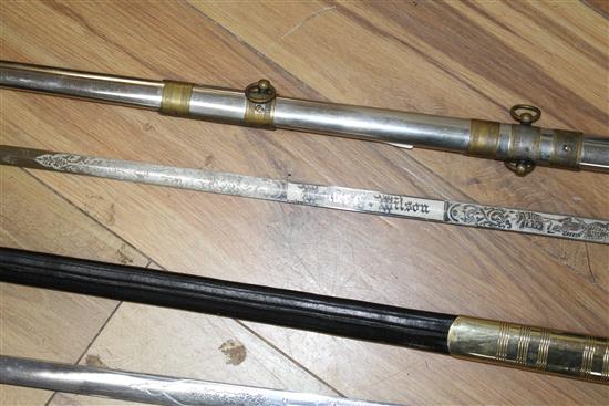 Three assorted Masonic swords, two of similar design with plumed helmet hilts and enamelled cross decoration, one inscribed In Hoc Sign